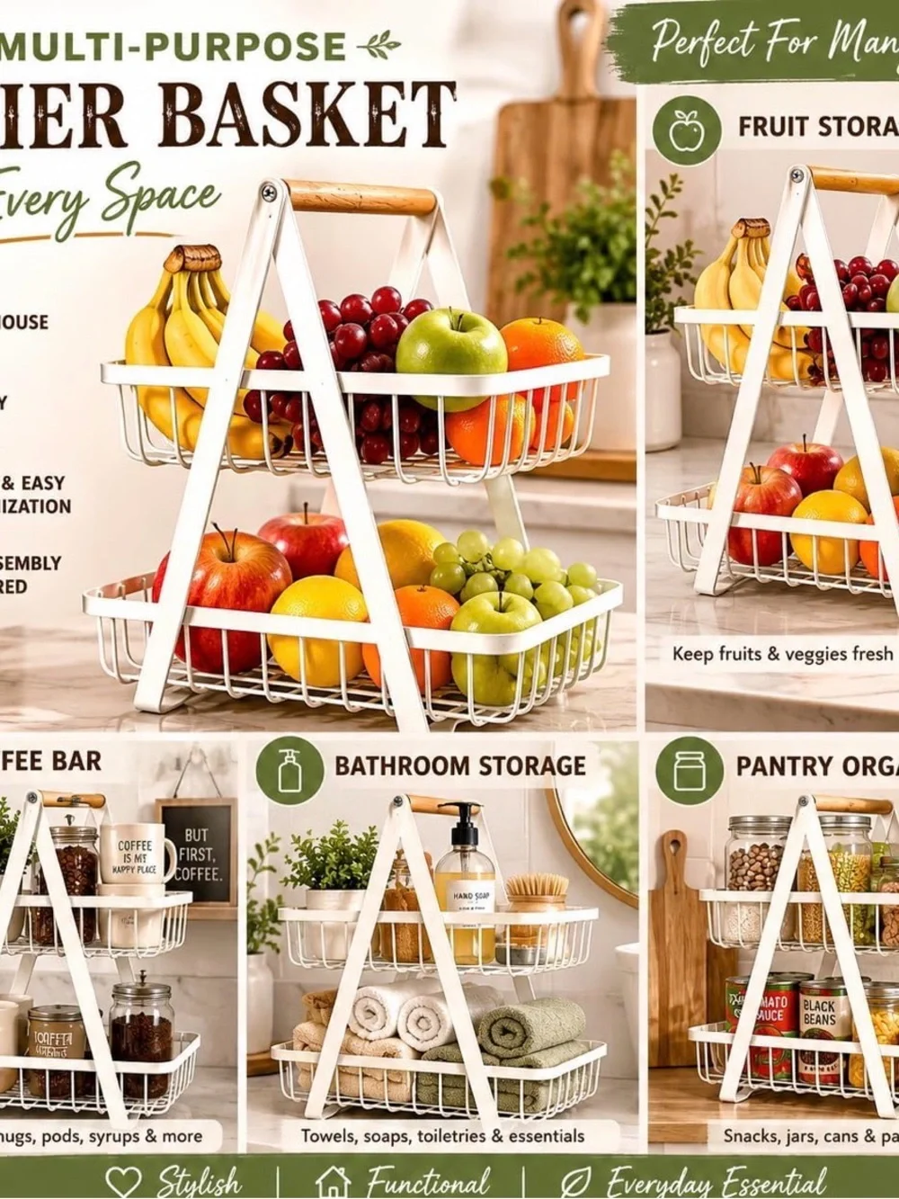 Two-Tier White Wire Storage Caddy with Wood Handle